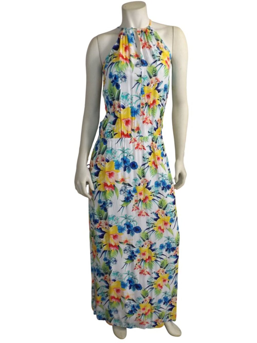 TOMMY BAHAMA Maxi Dress, S, Keyholes, Sleeveless, Halter Tie, Vented, Multicolor